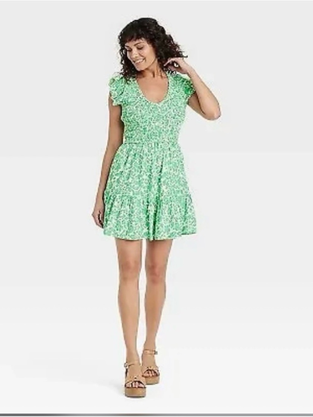 Universal Thread Green Floral Ruffle-Sleeve Mini Dress